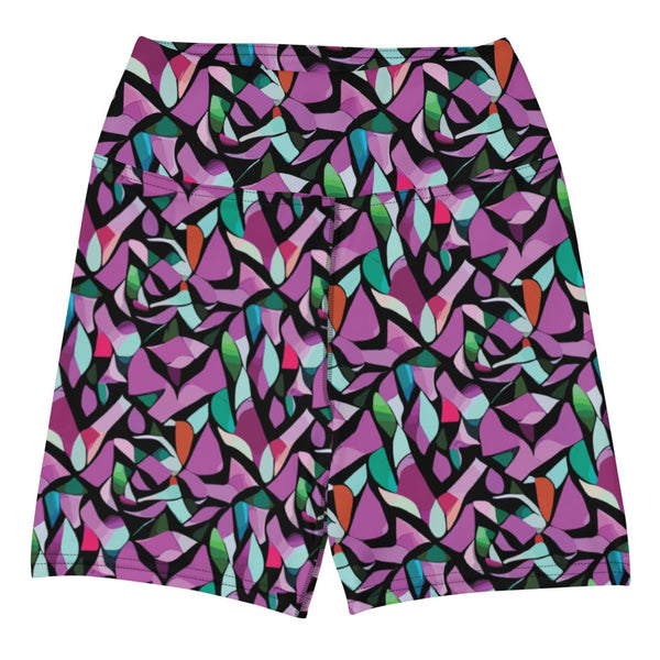 yoga shorts with a purple abstract print by The Gabrielli