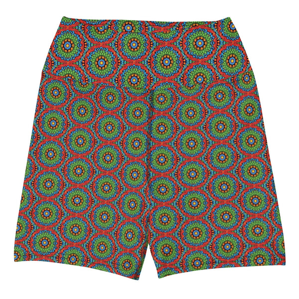 yoga shorts UPF 50+ with an abstract print in green, blue, red and orange by The Gabrielli